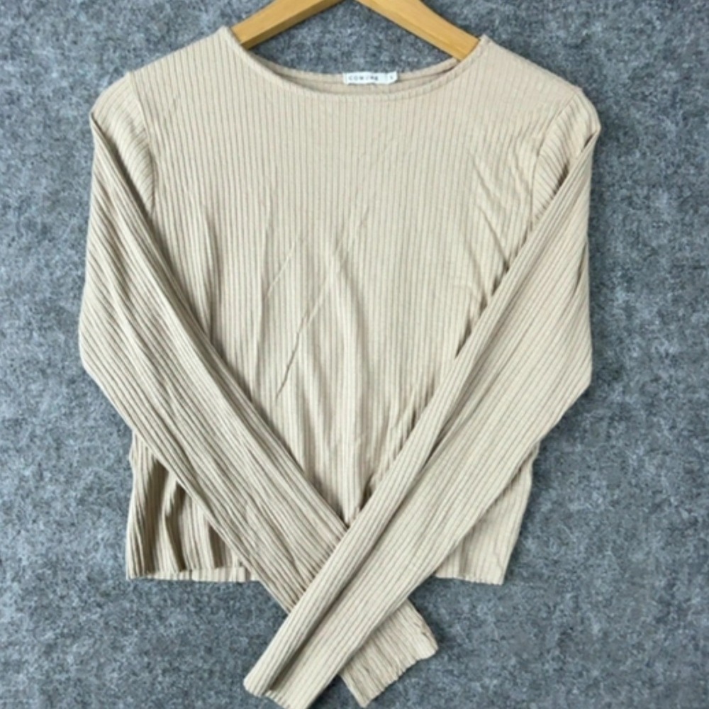 COMUNE Knit Top Womens Large Tan Ribbed Long Sleeve Crewneck Fitted Solid